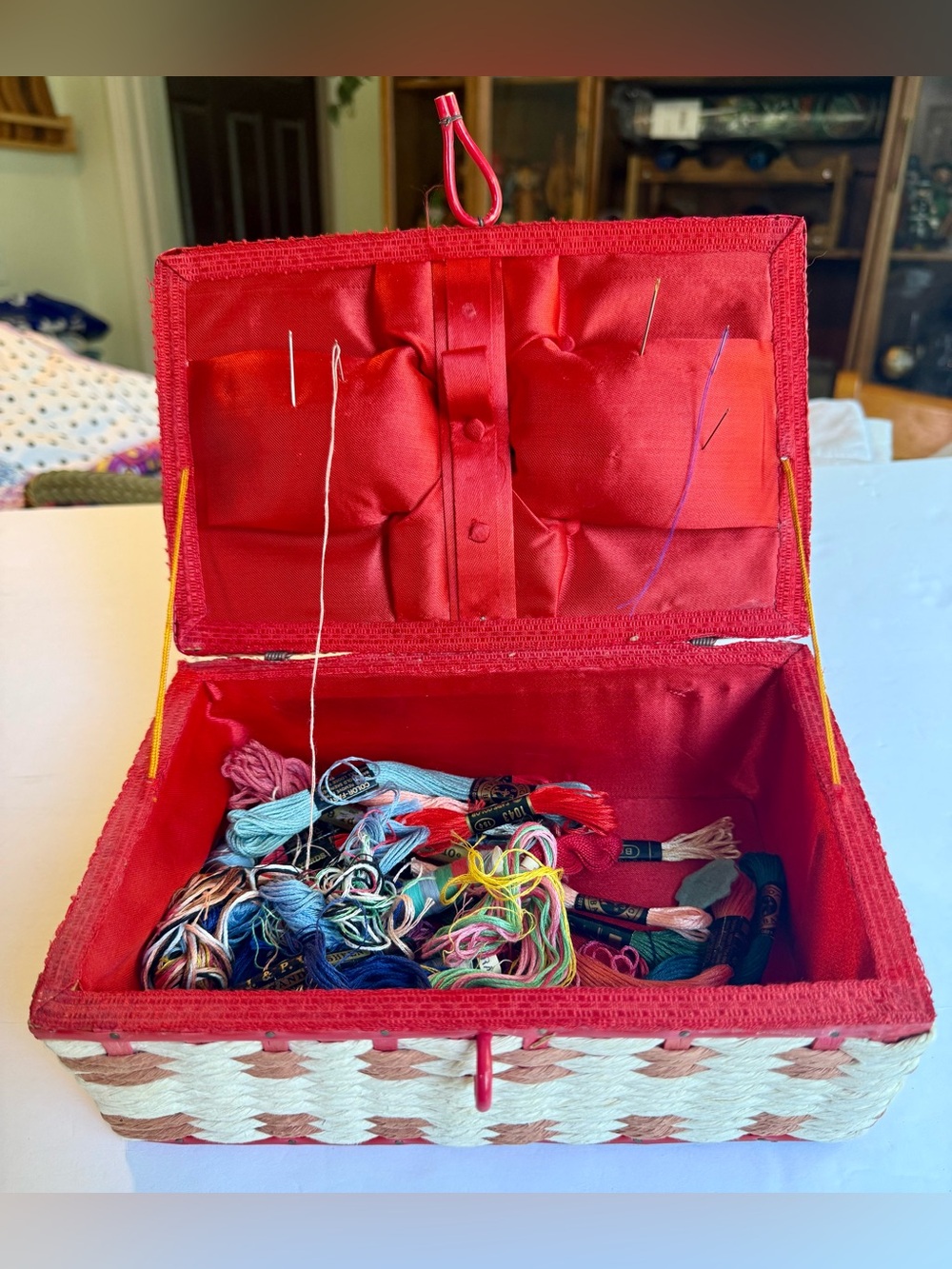 Vintage Red Woven Sewing Basket